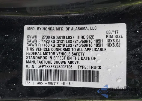 2018 Honda Ridgeline Black Edition from USA, damaged, VIN 5FPYK3F87JB002706